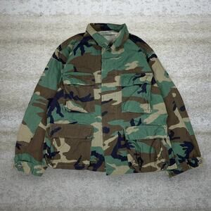 Vintage 90s Woodland Button Up Shirt Mens S Military Camo Cotton Long Sleeve